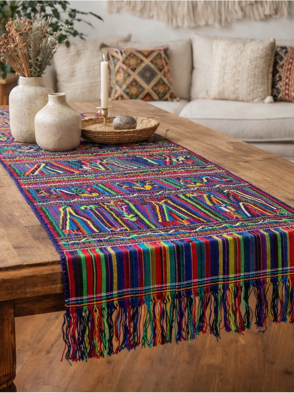 Vintage Guatemalan Textile Table Runner 30x52 Handwoven Embroidered Boho